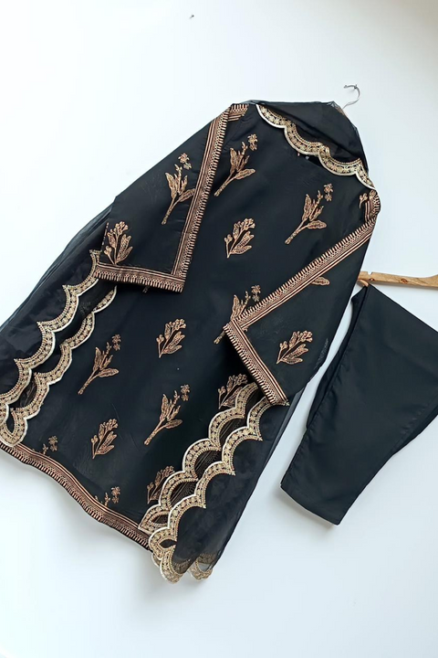 BLOCK PRINT DRESS 3PC (BLACK) - Lubana Store